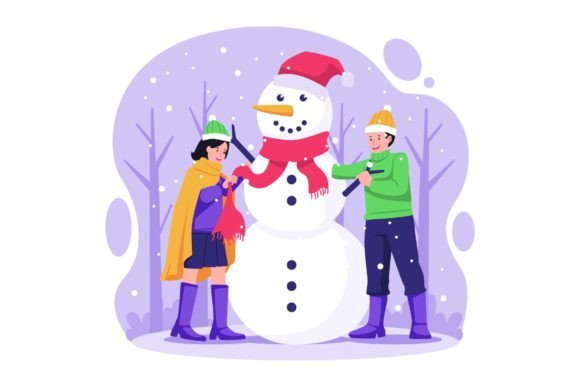 Children Build a Snowman Illustration