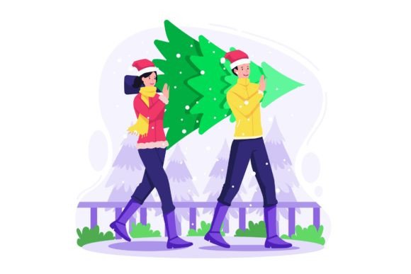 People Carry Christmas Tree Graphics for Seasonal Selling